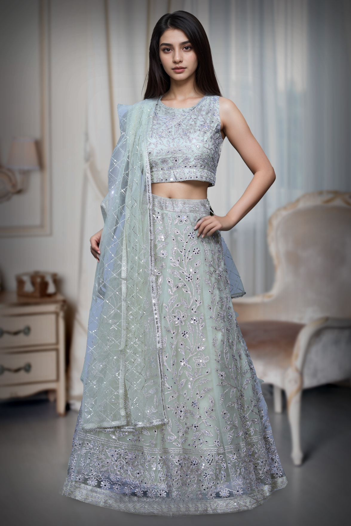 Lemon Yellow Net Lehenga With Threadwork And Stone Work Details And Same Colour Dupatta