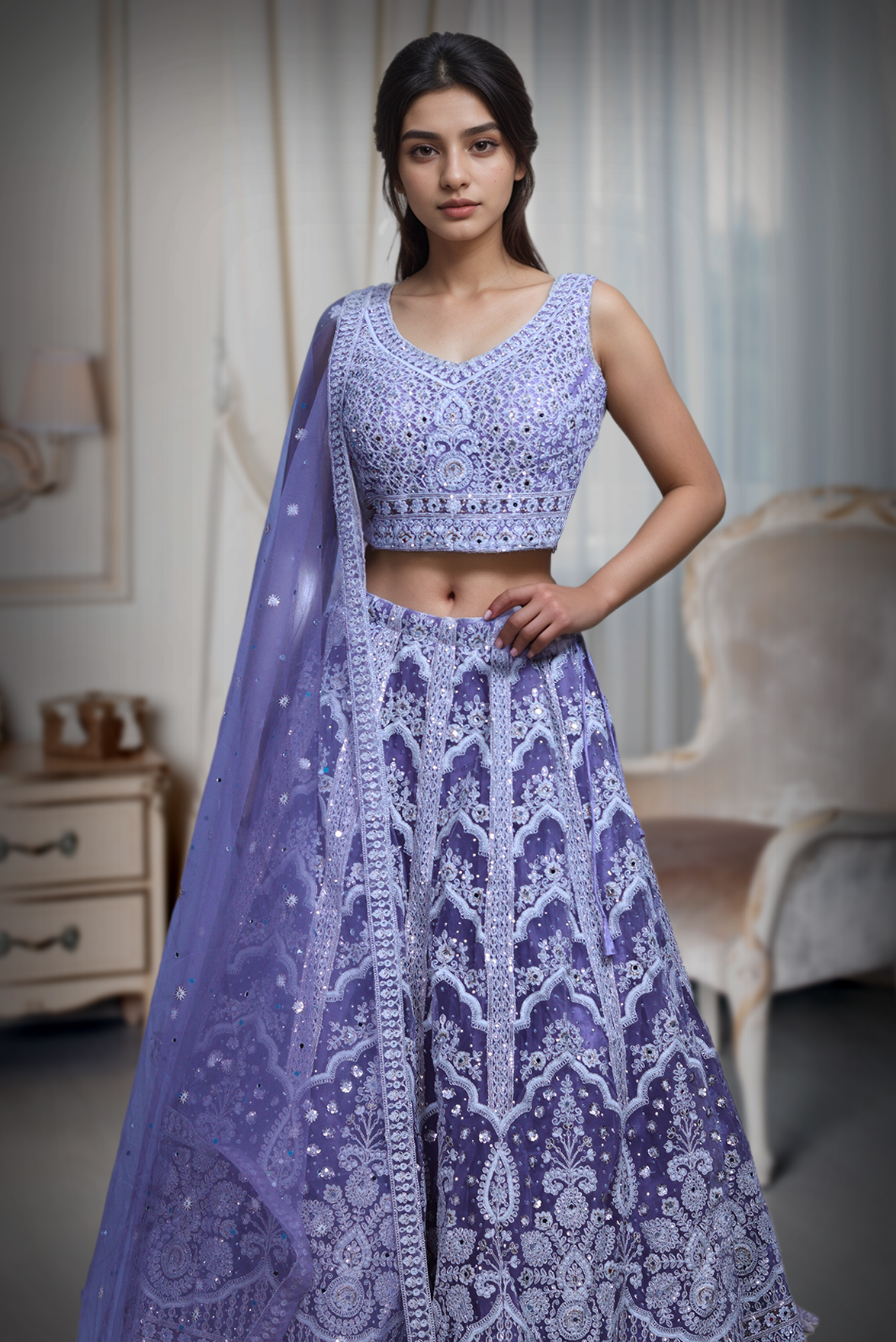 Heather Purple Crop Top Lehenga With Detailed Hand Embroidery And Stone Work Details With Same Color Net Dupatta