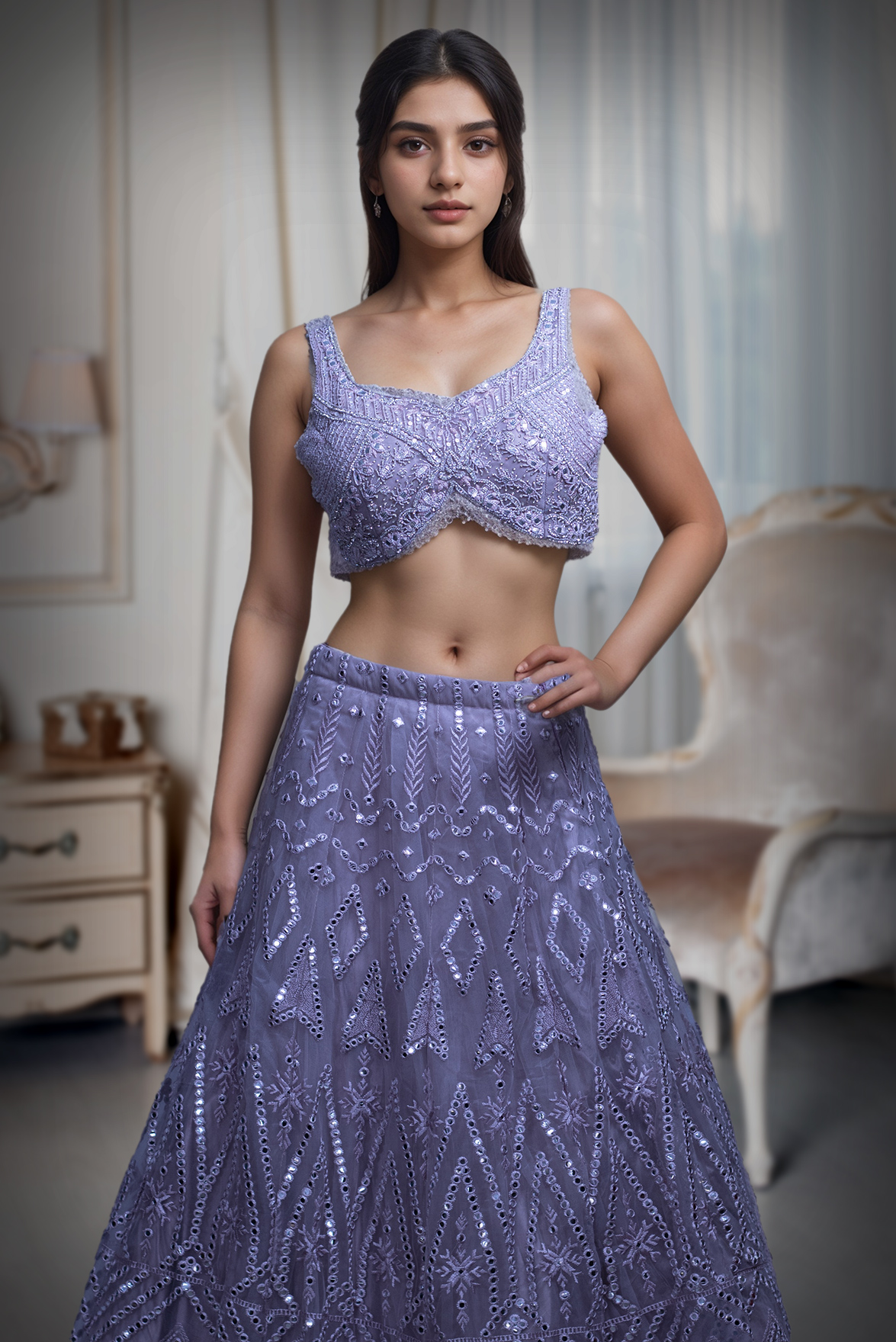 Opera Mauve Heavy Handworked Crop Top Lehenga Set With Inverted V Cut On Waistline