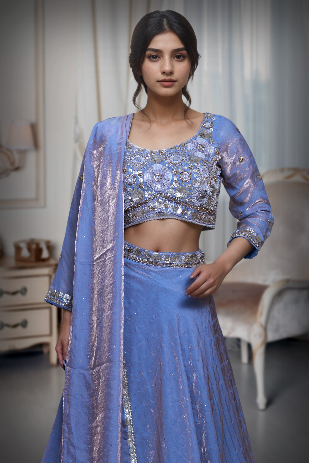 Lavender Tissue Silk Crop Top Lehenga With Elegant Handwork Details