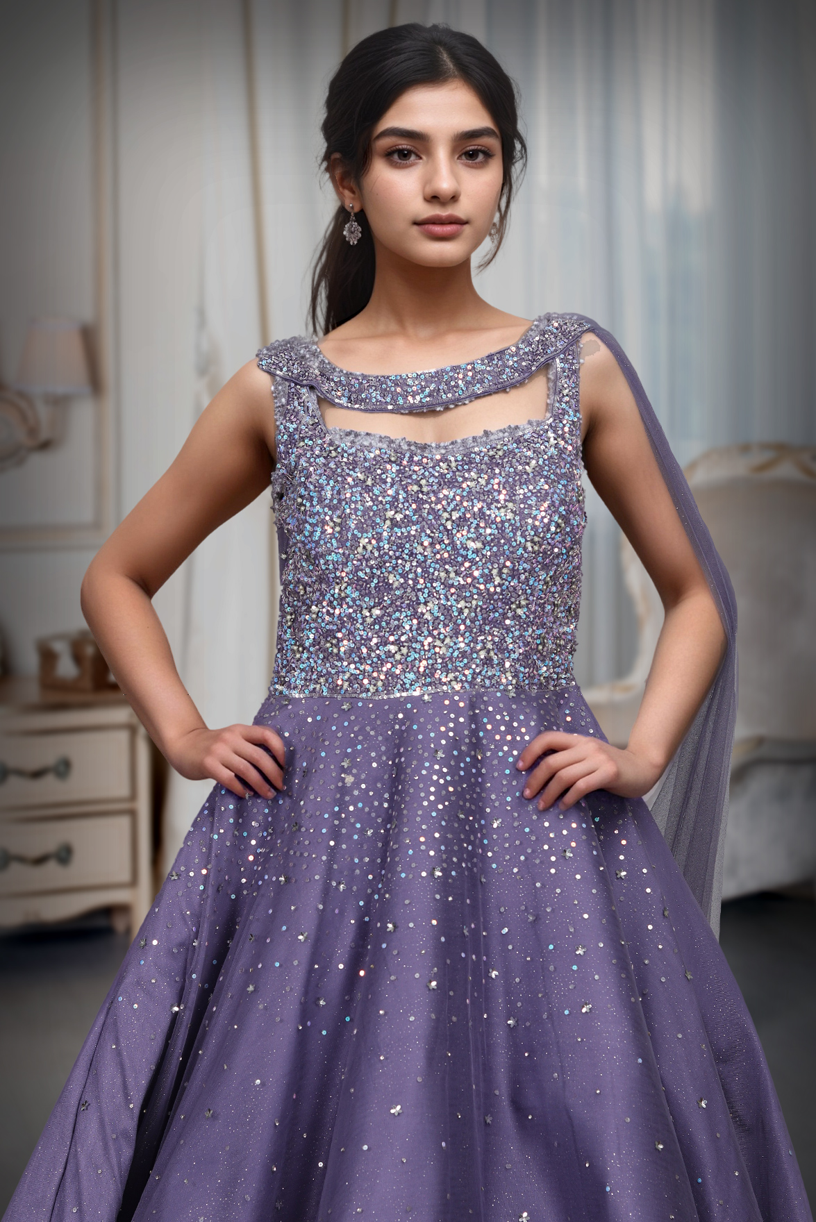Blue Lilac Exquisite Gown With Neckline Detailing And Rainbow Textured Work On Center Front
