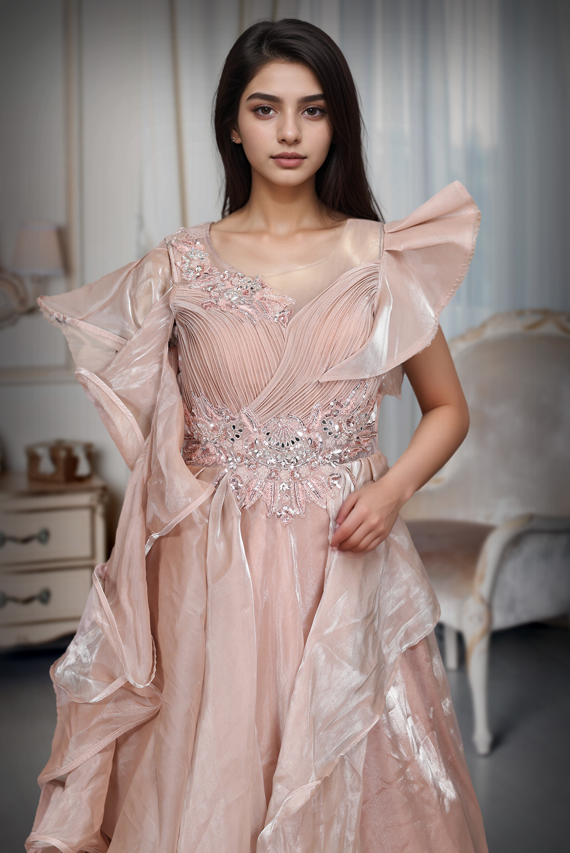 Almond Beige Colour Heavy Work Crushed Drapping  Gown With Heavy Embellishment on left Shoulder And Yoke