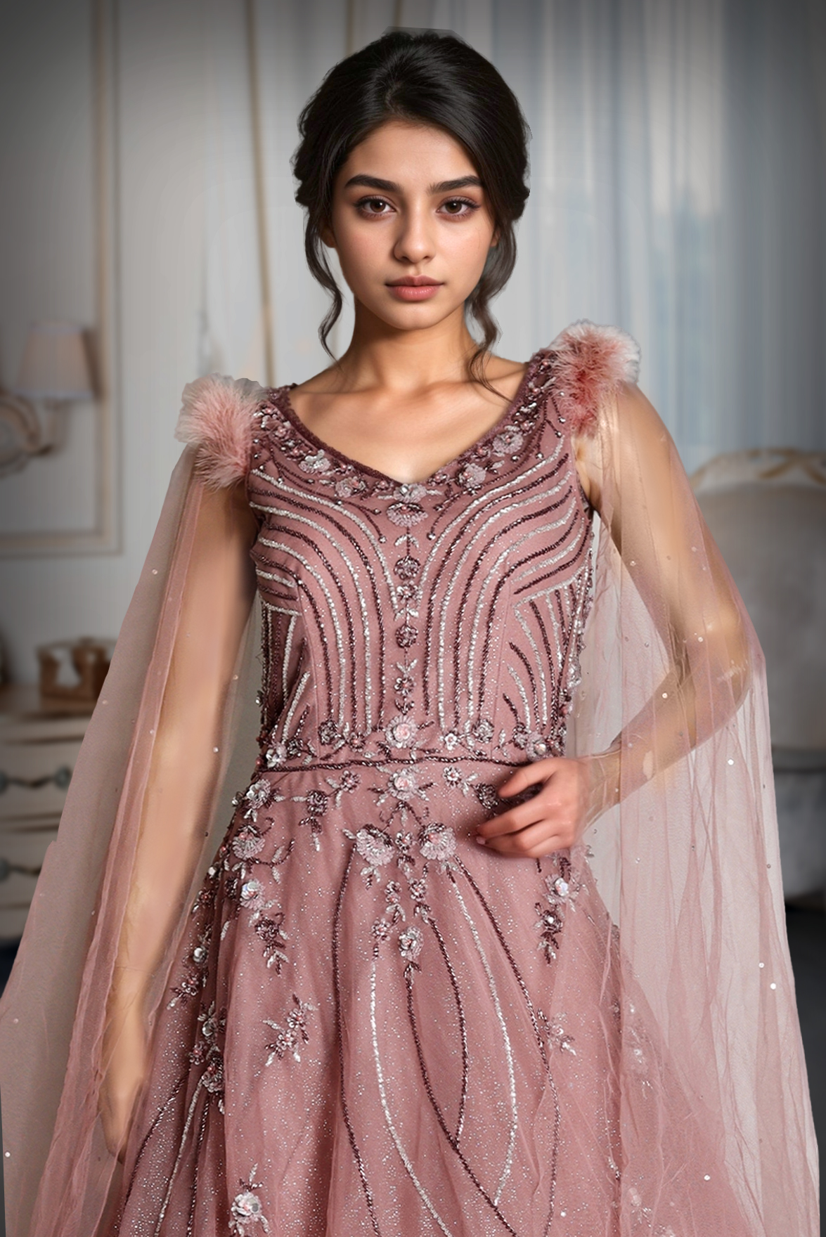 Dark Mauve Heavy Net Gown With Heavy Handwork Details And Shoulder Embellished With Feathers