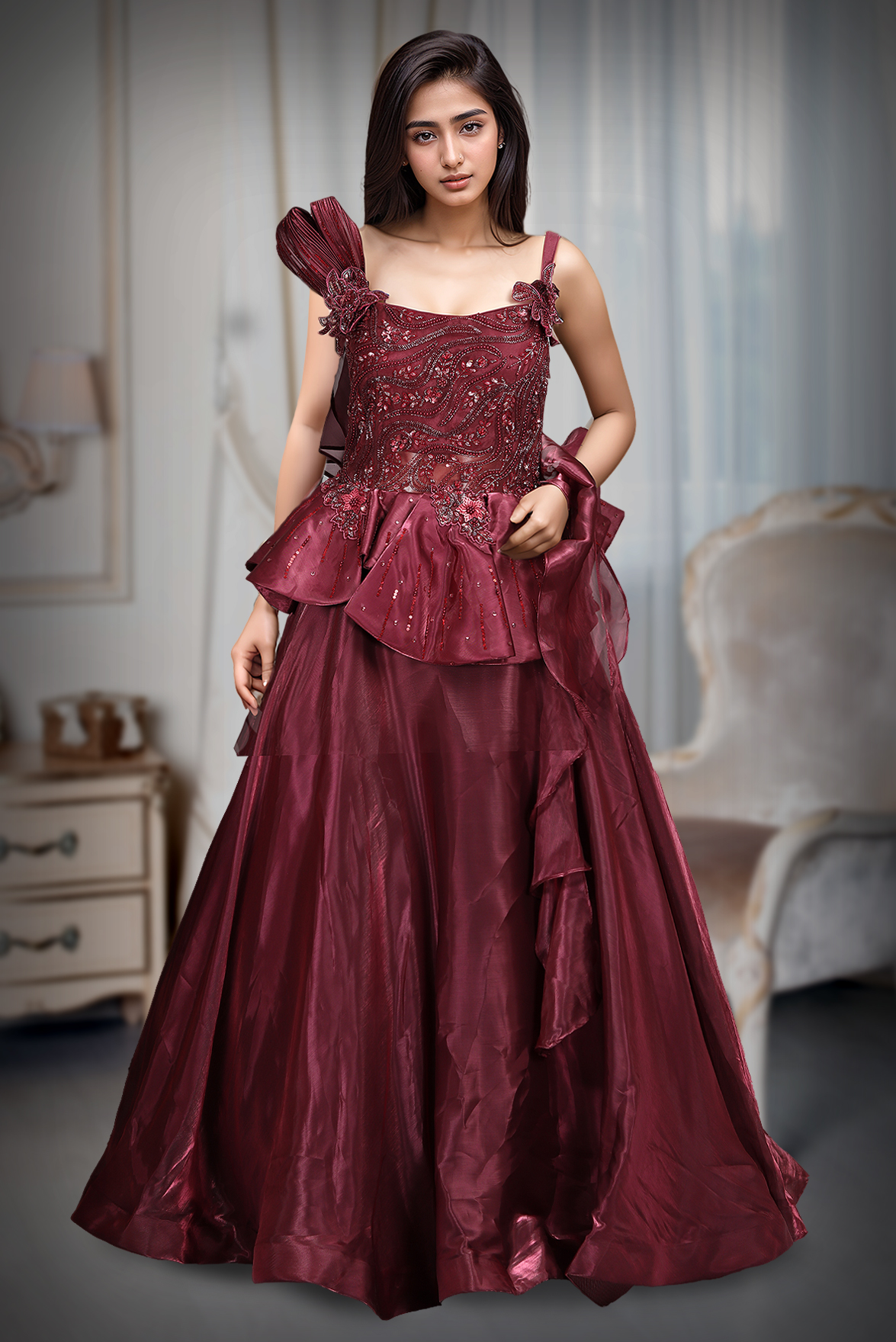 Dark Maroon Tissue  Silk Gown With Handwork Embellishment And Pleats From Yoke Details