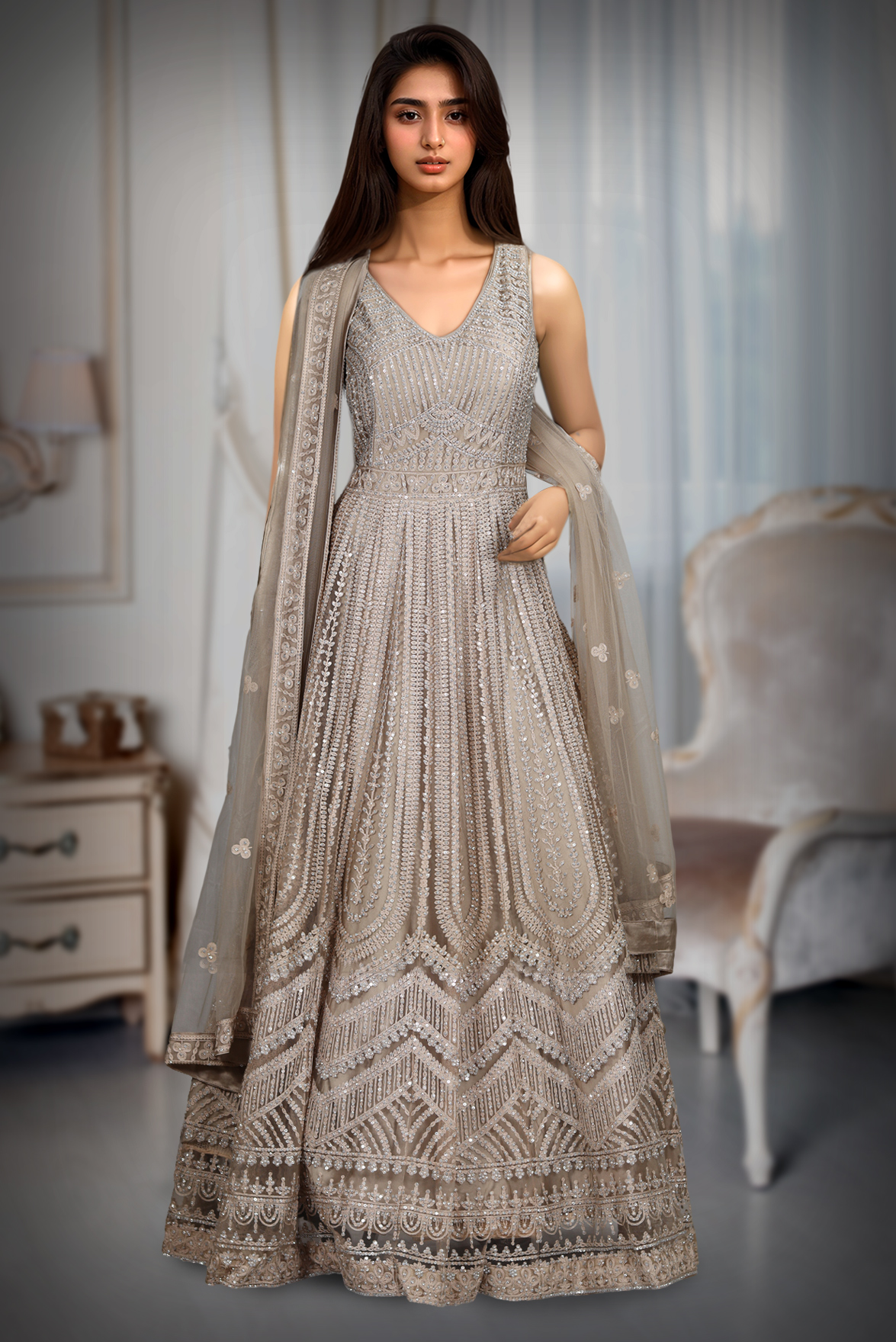 Beige heavy Worked Gown With Exquisite Texture And Embellishment Work All Over The Body