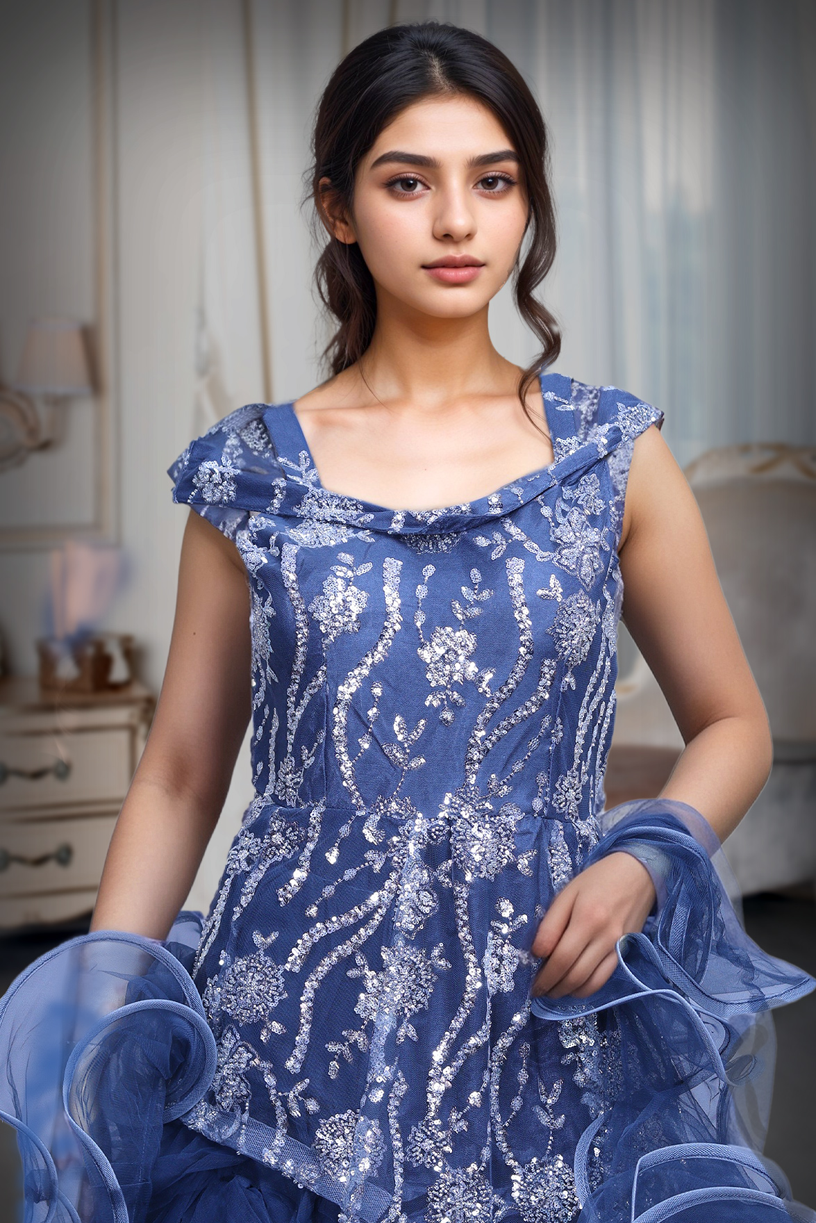 Heavy Threadworked Net Frill Royal Gown With Detailed Sleeve Embellishments