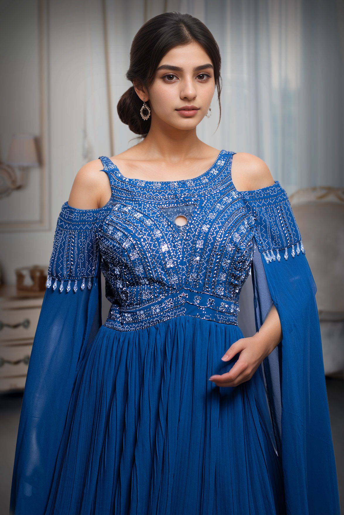 Navy Blue Cold Shoulder Gown With Extended Cape Sleeve Details