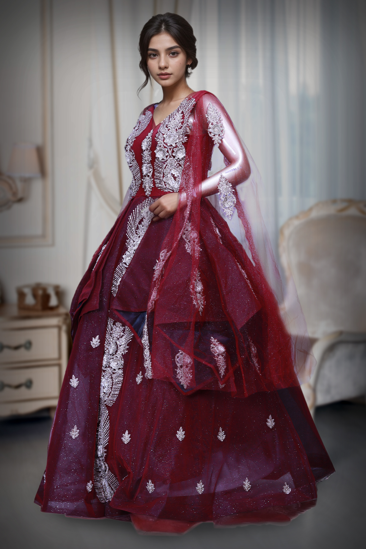 Red Net Gown With Heavy Embellished Golden Stone Work In Yoke Part