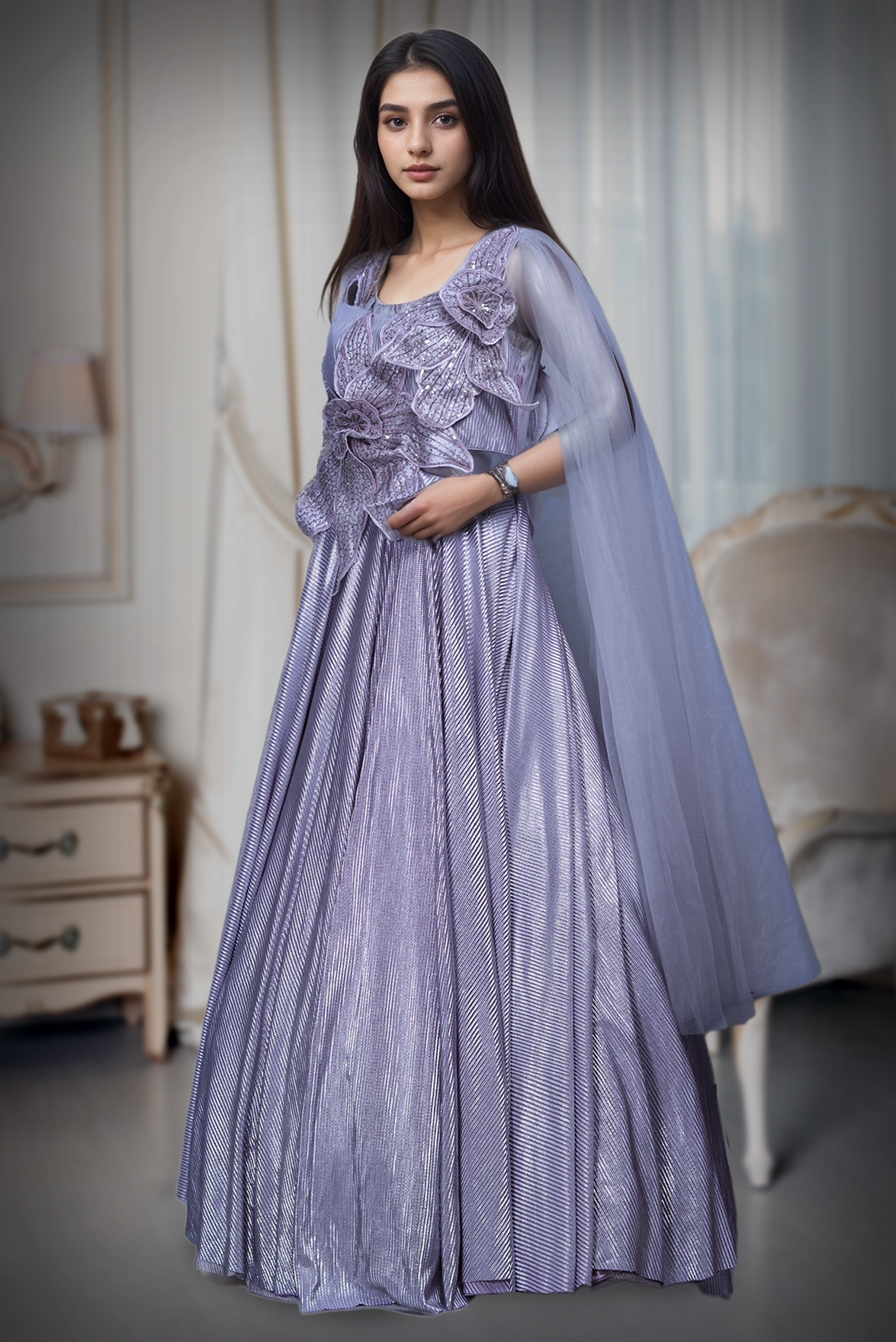 Pastel Mauve Satin Lycra Gown With Floral Embellishment