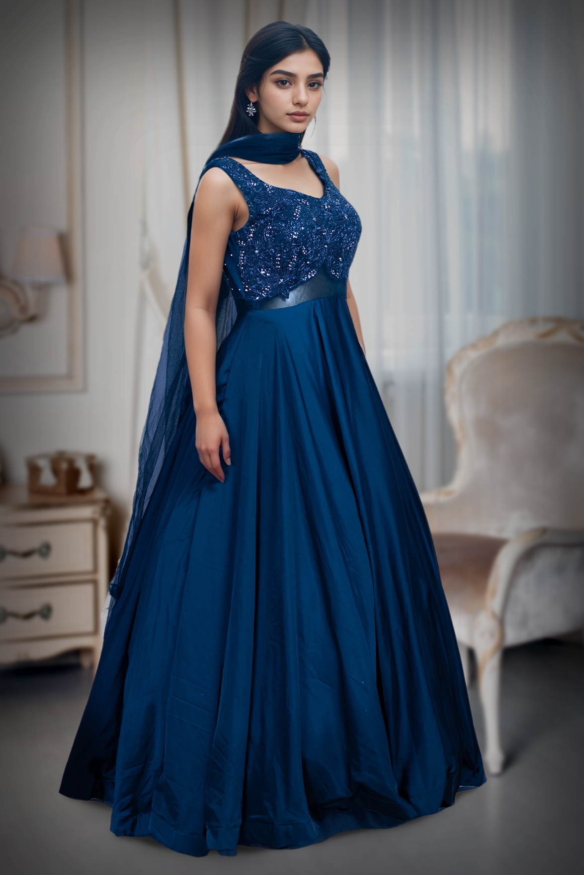 Dark Blue Pre Wedding Gown With Stone Work Details In Yoke Portion And Transparent Waist Line Details