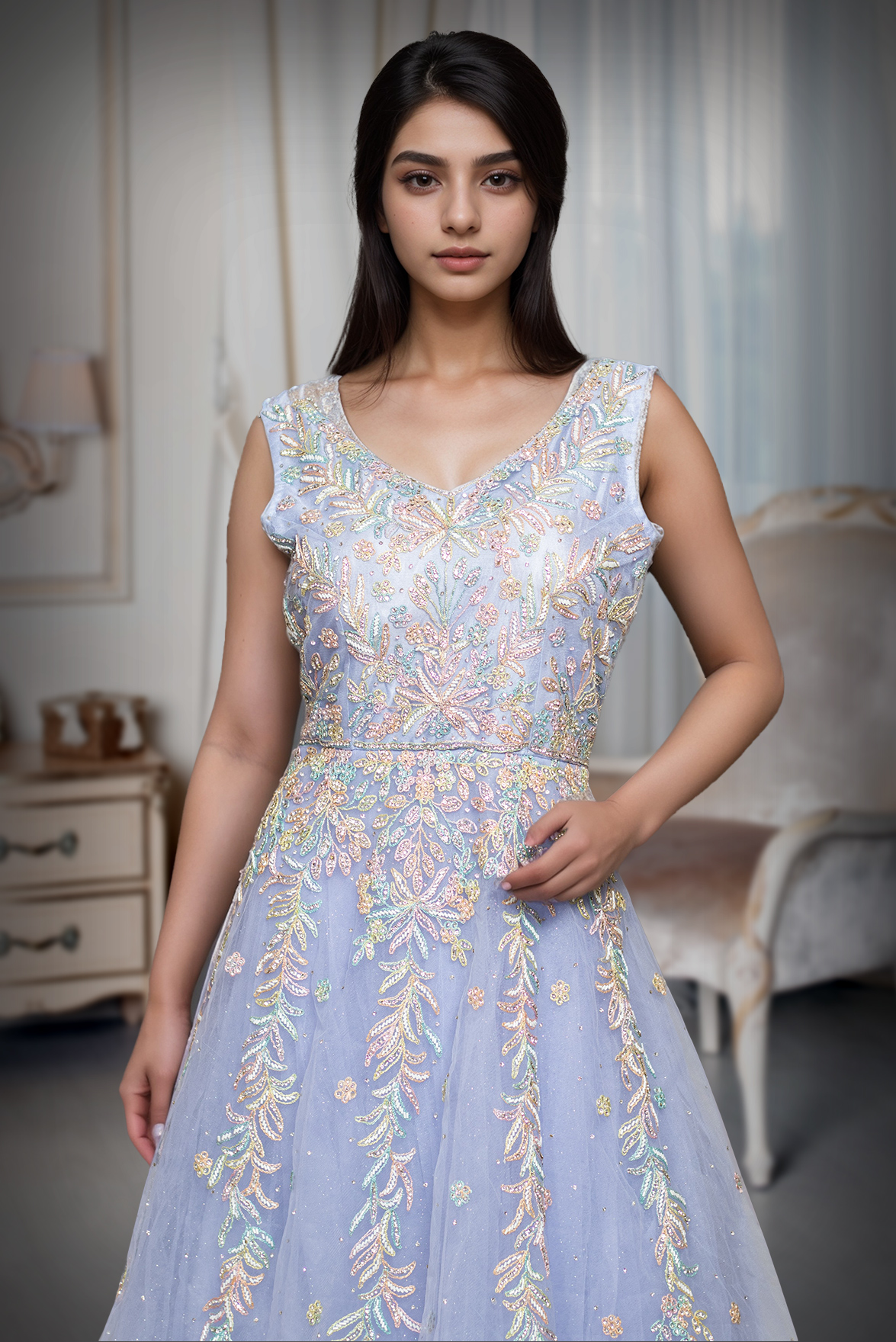 Light Lavender Net Gowm With Multi Color Threadwork Details