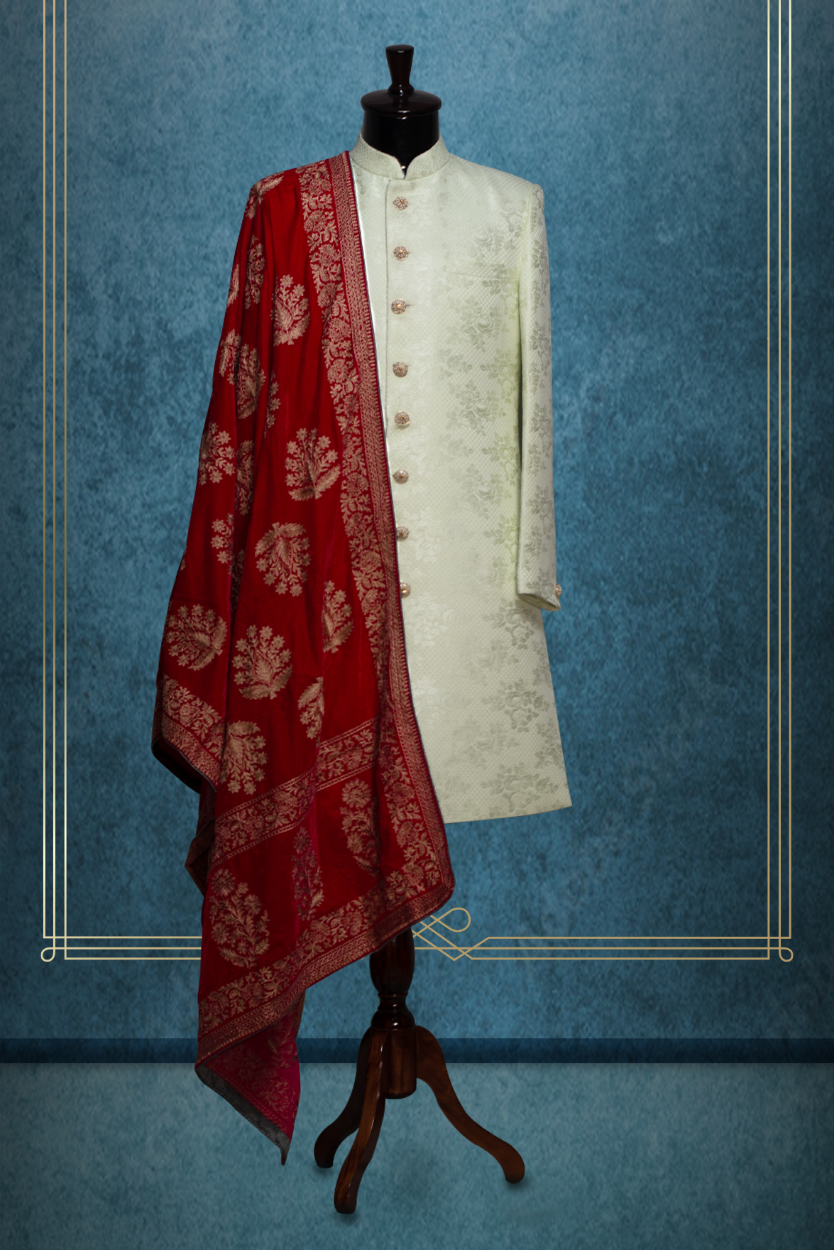 Dark Maroon Grooms Shawl With Beige Colour Detailing