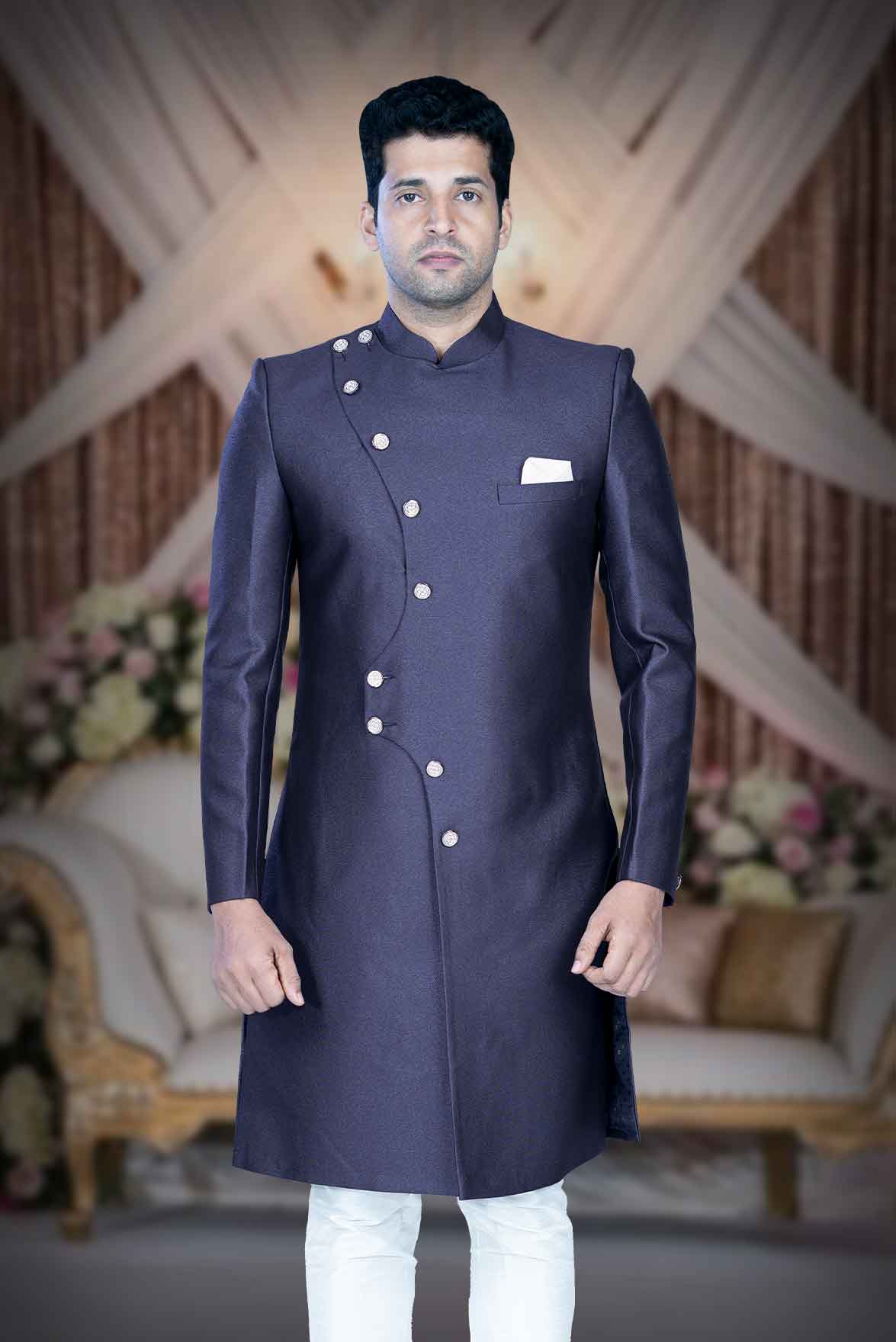 Asymmetrical Cut  Jacquard In Blue Indowestern