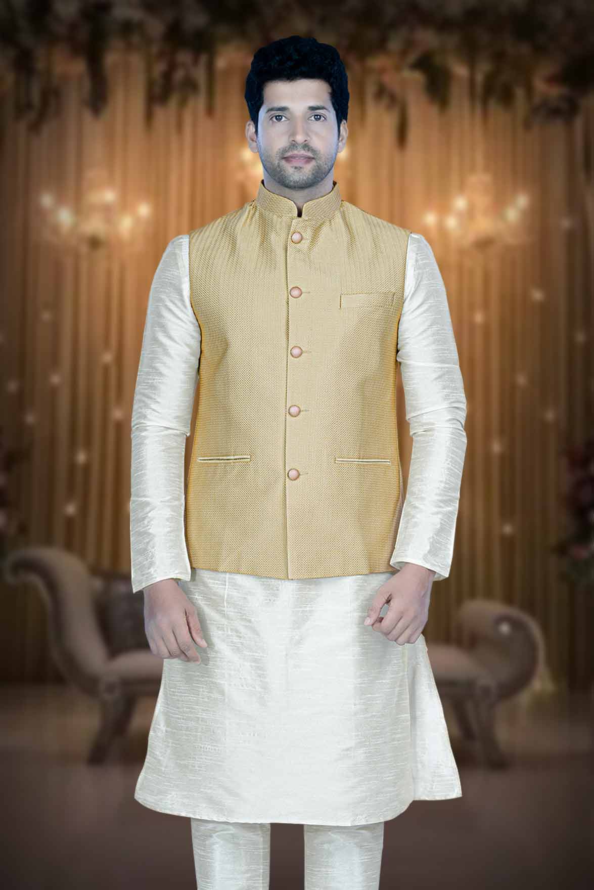 Golden Kurta Pyjama in Blended Fabric