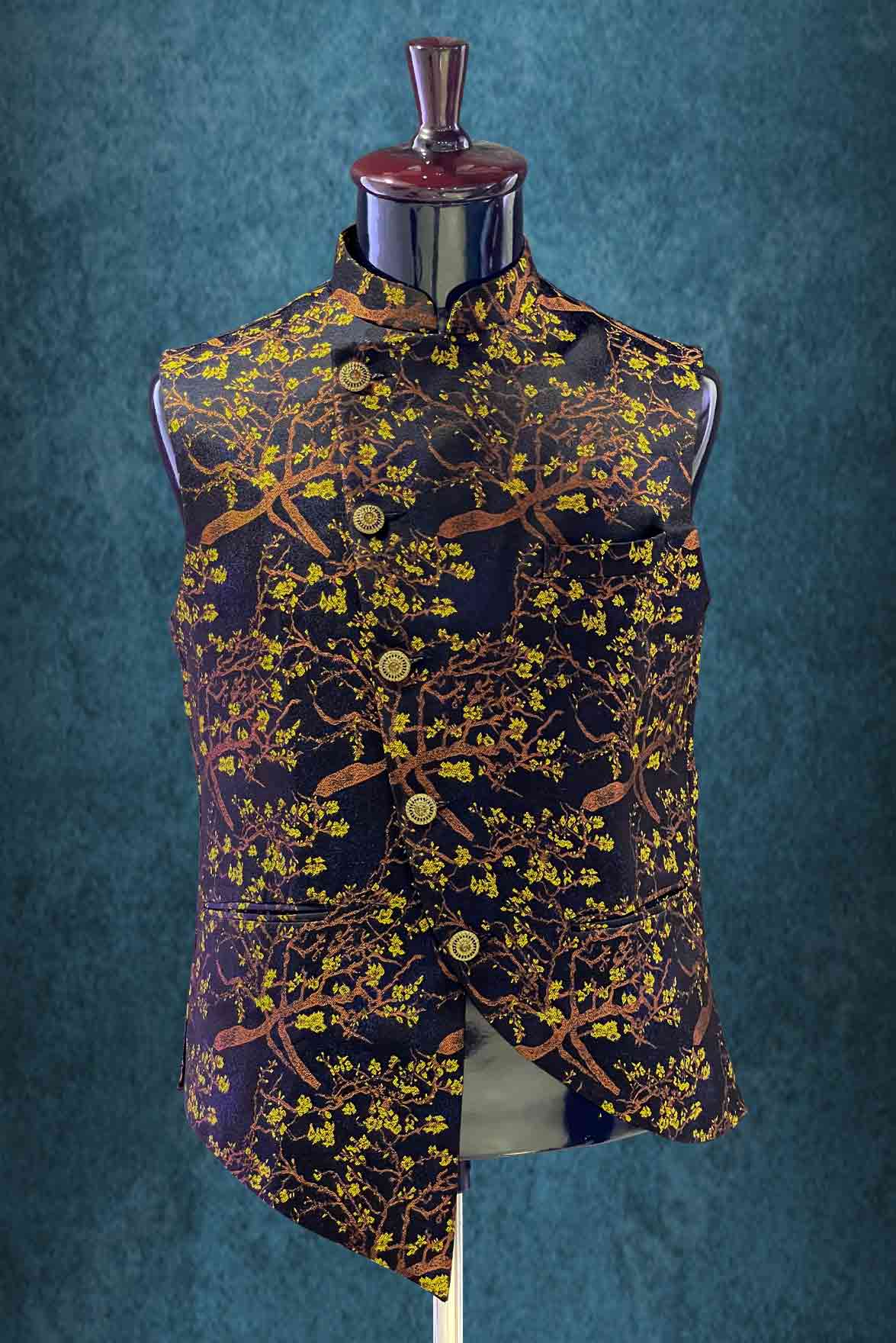 Mandarin Collar In Black, Yellow & Gold Bundi