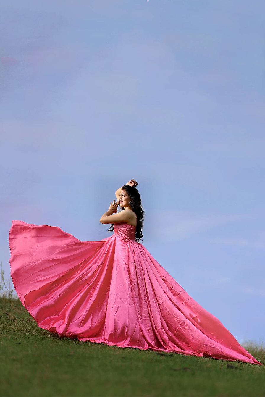 Rose Pink Sleeveless Flarey  Gown  With Minimal yoke