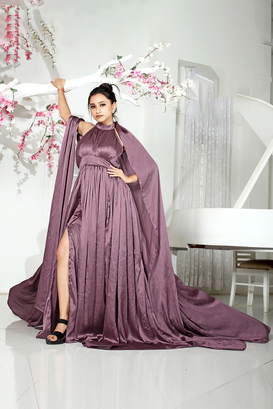 Dewberry Sleeveless Gown With Halter neck and Tail Extended From Neck