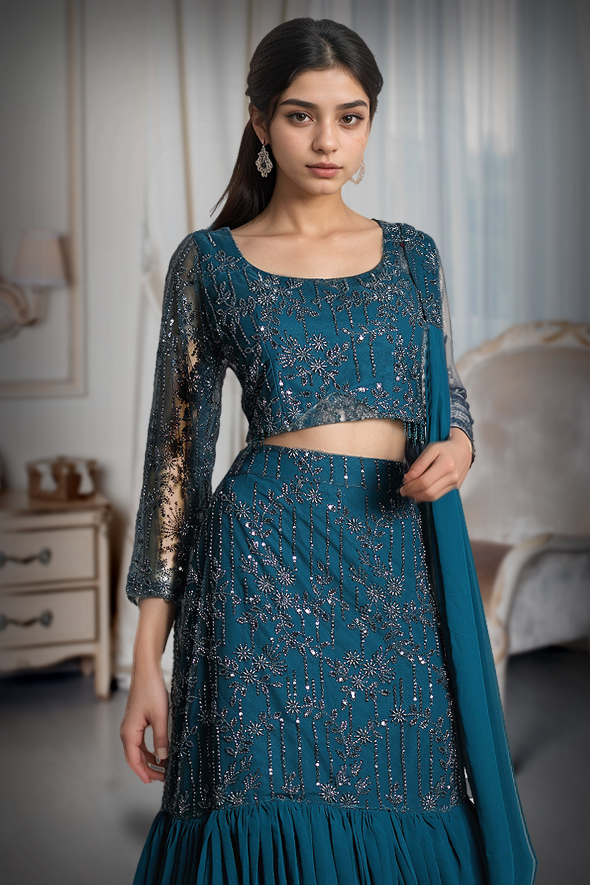 Teal Blue Intricate Sequin Detailed Mermaid Cut Lehenga With Same Color Crop Top And Dupatta