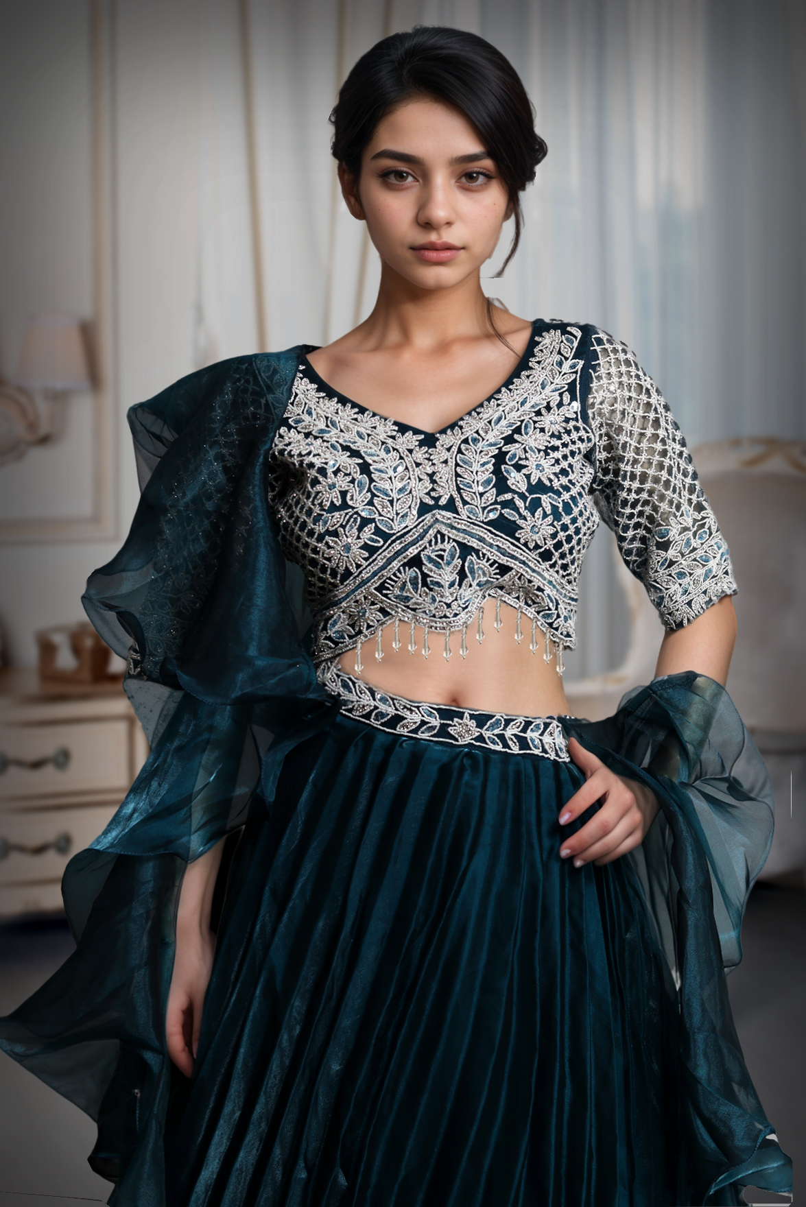 Dark Teal Blue Frilled Pre Wedding Lehenga With Stone Work Detailed Crop Top And Frilled Dupatta