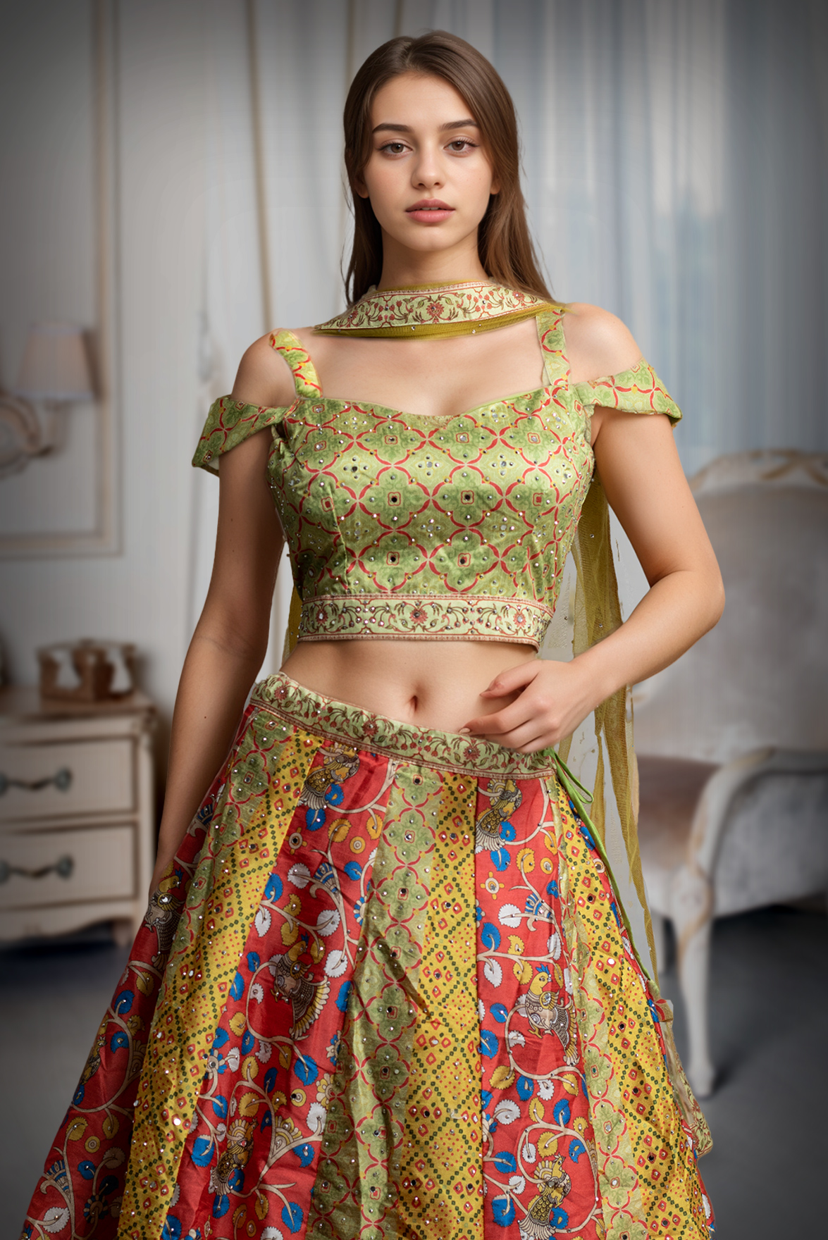 Yellow Haldi Lehenga With Multi Color Embellishments Detail In Skirt Part Along With Cold Shoulder Crop Top