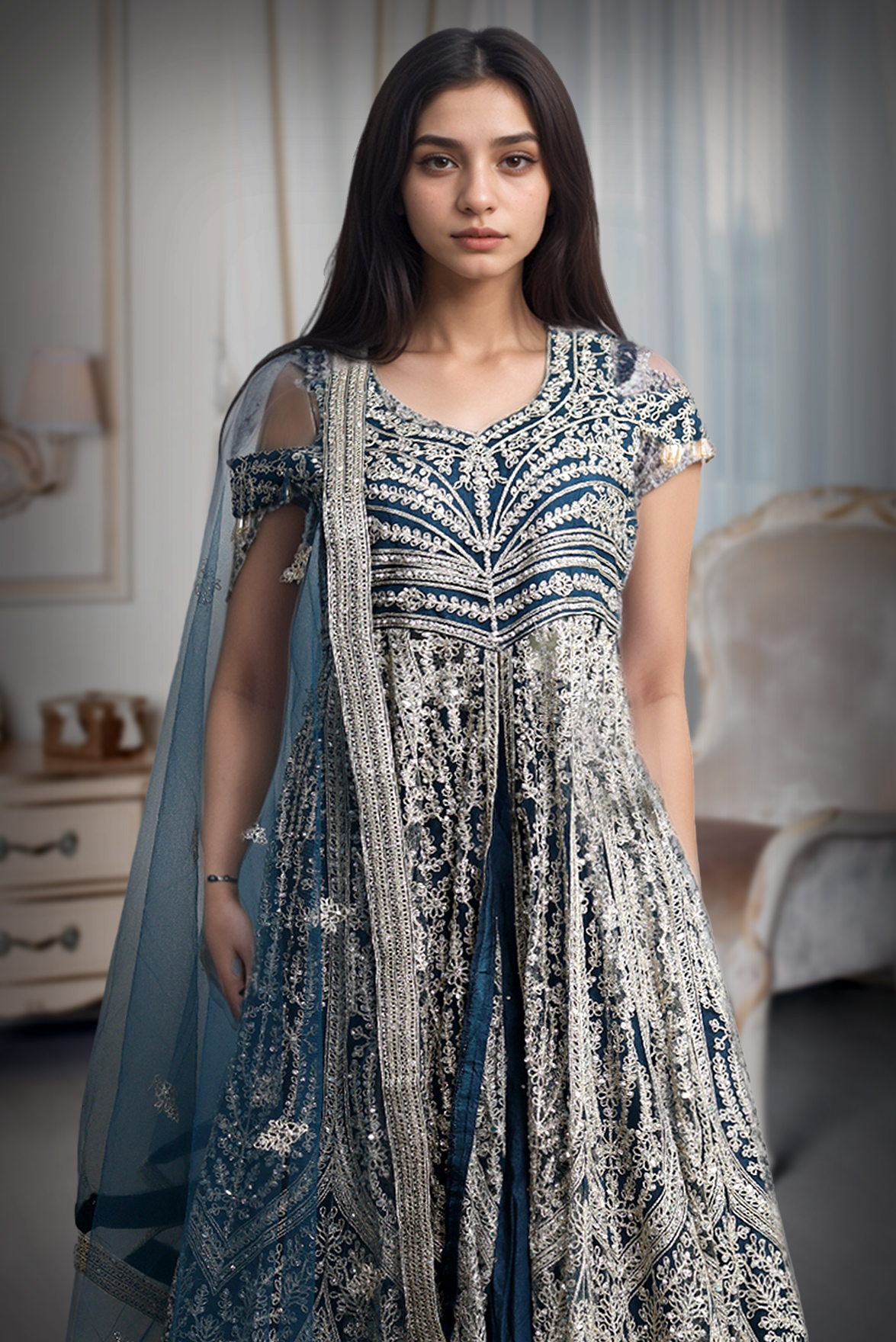 Dark Blue Cold Shoulder Anarkali Lehenga With Same Color Dupatta