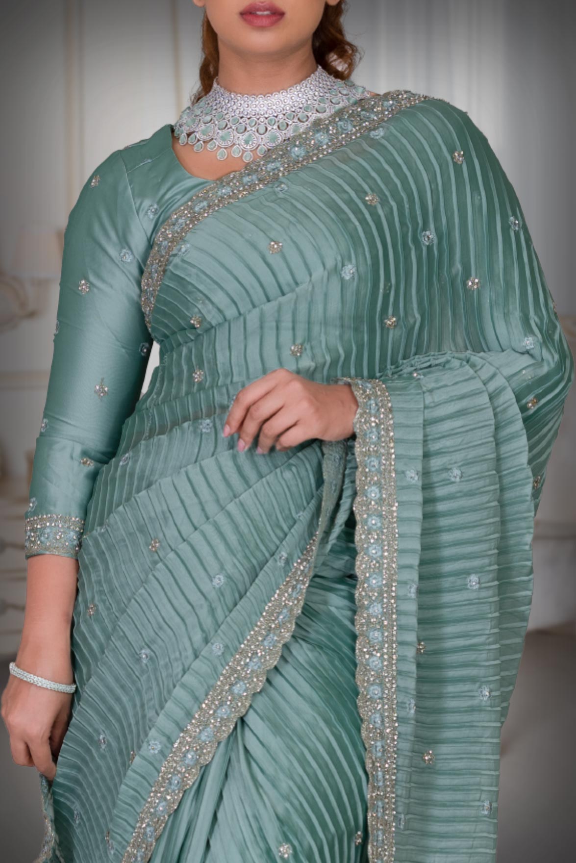 Turquoise Blue Pleated Silk Saree