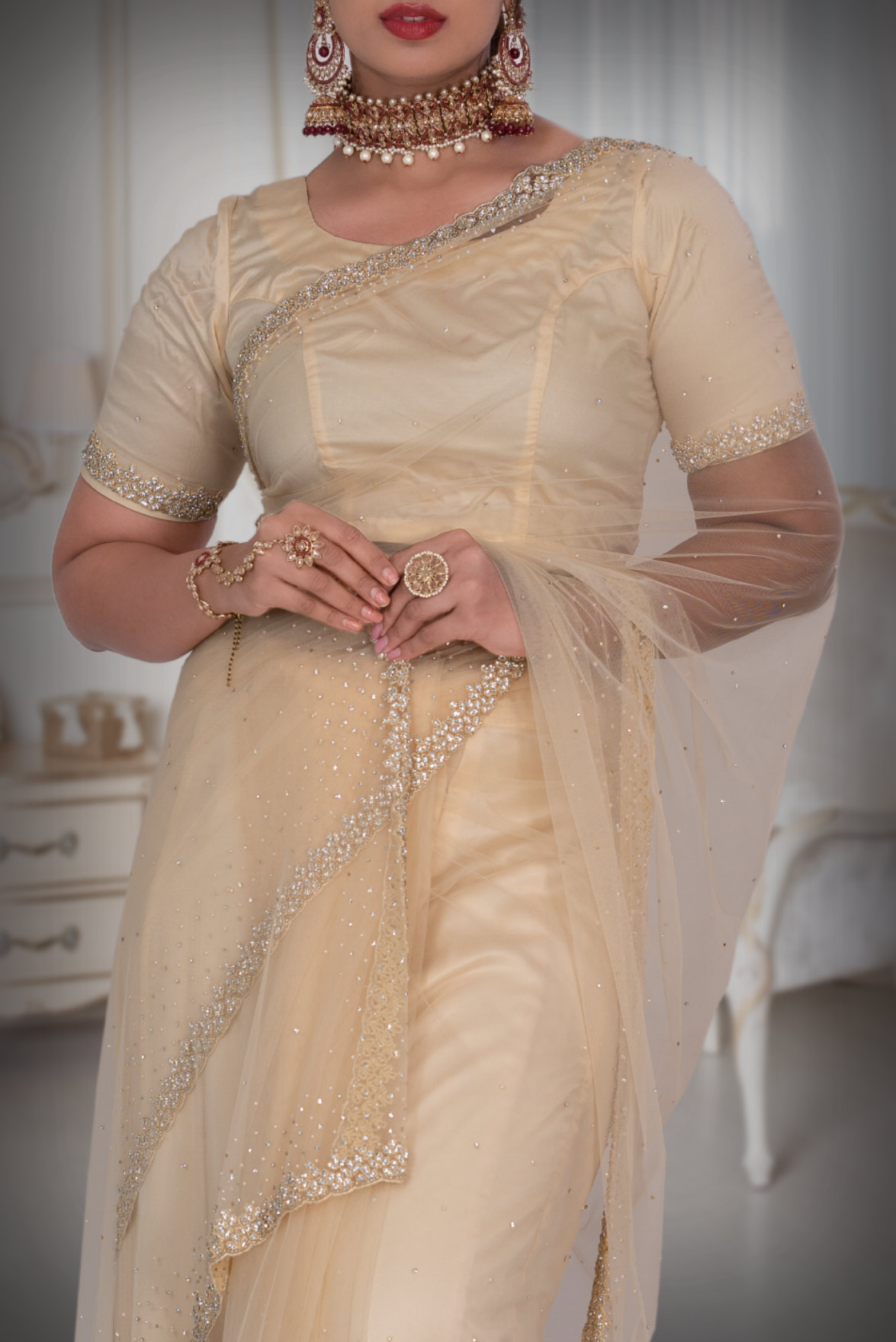 Cream  Net  Saree