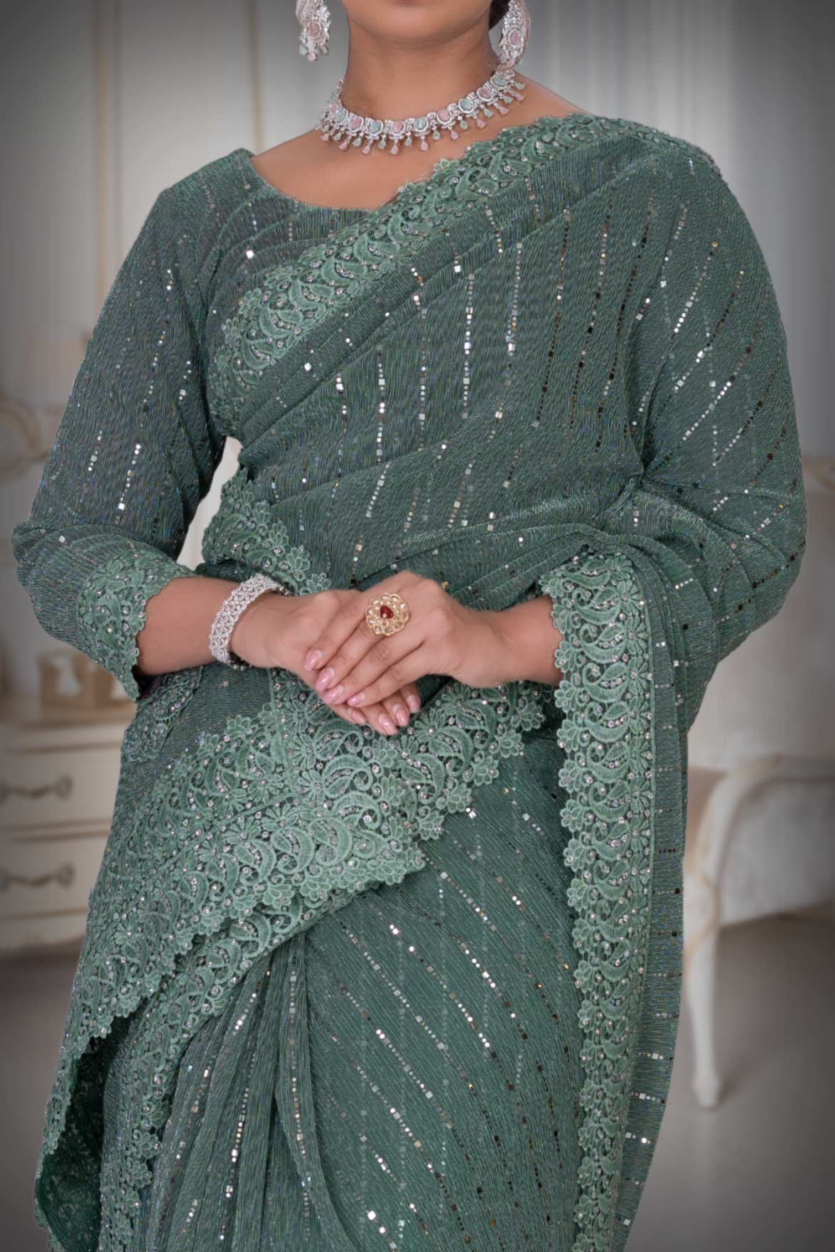 Russian Green  Glitter Net  Saree