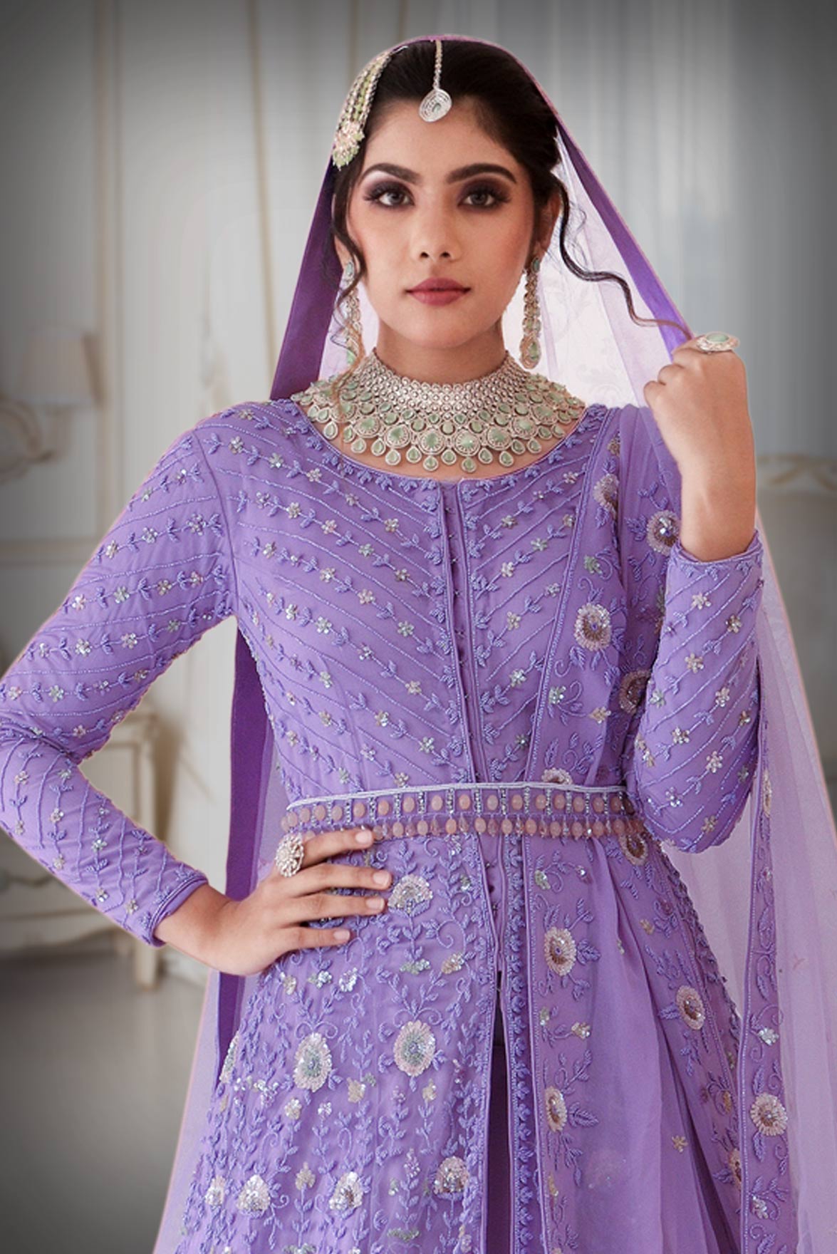 Lavender Sequins work Jacket and skirt