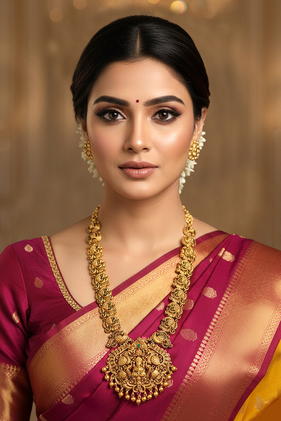 Antique Gold Finished Bridal Set Showcases Intricate Geometric Patterns Inset With Vibrant Ruby And Emerald Stones