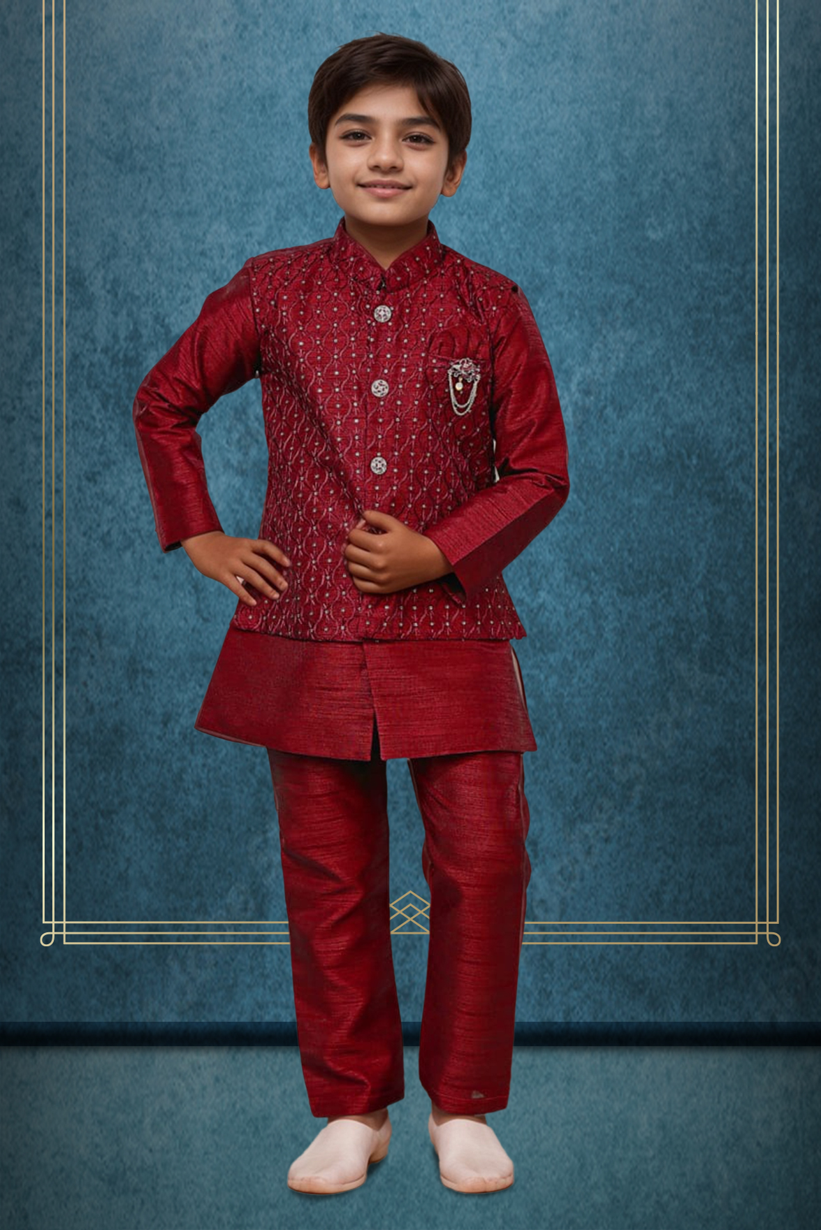 Maroon Kurta And Bundi Jacket